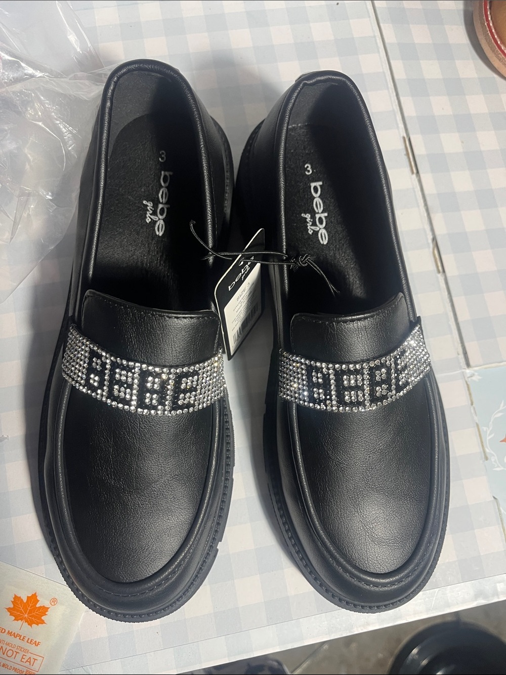 bebe Black Rhinestone-Trim Slip-On Loafers